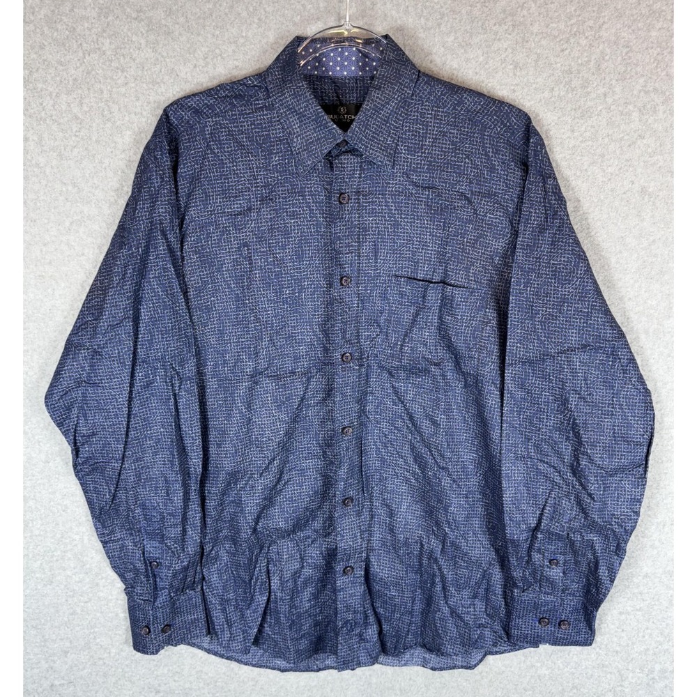Bugatchi Uomo Shirt Mens Medium Blue Geometric Pattern Button Up 100% Cotton